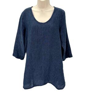 NWOT Flax Blue Linen Tunic Top Small 3/4 Sleeves Scoop Neck Lightweight Relaxed